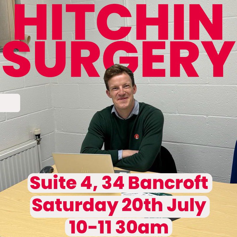 Alistair Strathern (@alistrathern) on Twitter photo My first constituency surgery will be in Hitchin next Saturday (20th) from 10-11:30am.
Email to reserve a slot 👉 Alistair.Strathern.mp@parliament.uk
A full schedule of future slots across the constituency will be published once finalised! 📆 My first constituency surgery will be in Hitchin next Saturday (20th) from 10-11:30am.
Email to reserve a slot 👉 Alistair.Strathern.mp@parliament.uk
A full schedule of future slots across the constituency will be published once finalised! 📆