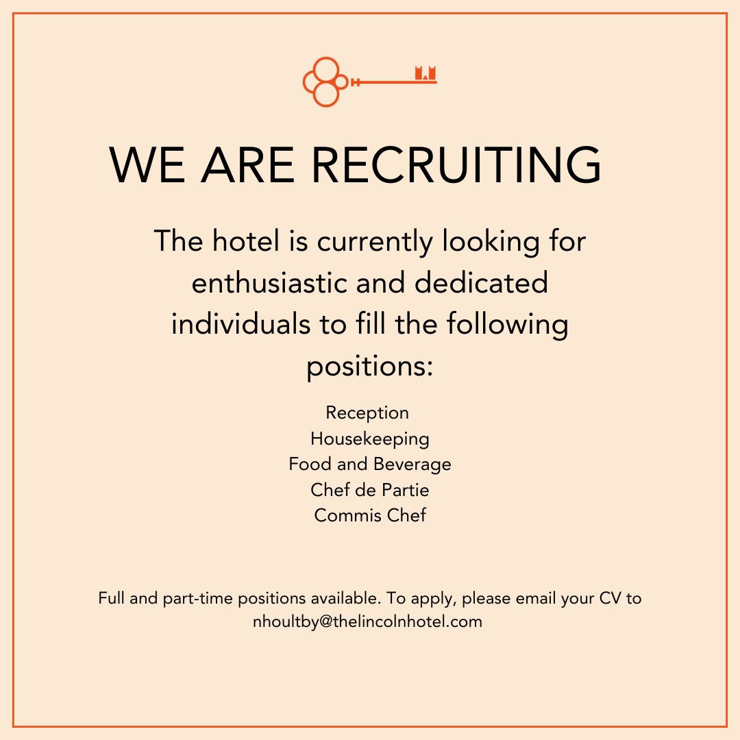 TheLincolnHotel's tweet photo. Looking for a change?

We're looking to extend our team 🧡

We would love to welcome you to The Lincoln Hotel team; send your CV today. 

#NewJob #LincolnJobs #NewStart #ReceptionTeam #Housekeeping #Chef https://t.co/2EiiOam9Gb