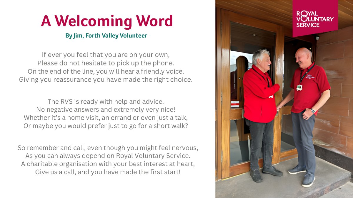 RoyalVolService's tweet photo. This is how we know that our volunteers see the value of what they do. 😍  

One of our volunteers, Jim, wrote this lovely poem ‘A Welcoming Word’. Whatever the need, big or small, our volunteers are always on hand to help in any way they can – Well done Jim ❤ https://t.co/8dUlQNjOa5