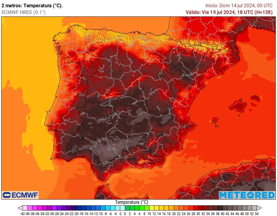MeteoredES's tweet photo. ¡#OlaDeCalor bastante probable! 🌡

Este mapa muestra temperaturas de 45 °C en el valle del Guadalquivir. Los colores pueden resultar más o menos dramáticos, pero sería una situación de riesgo real. ☝️

📢 Atentos estos próximos días a los cambios en la previsión. https://t.co/mP5Ys73oNl