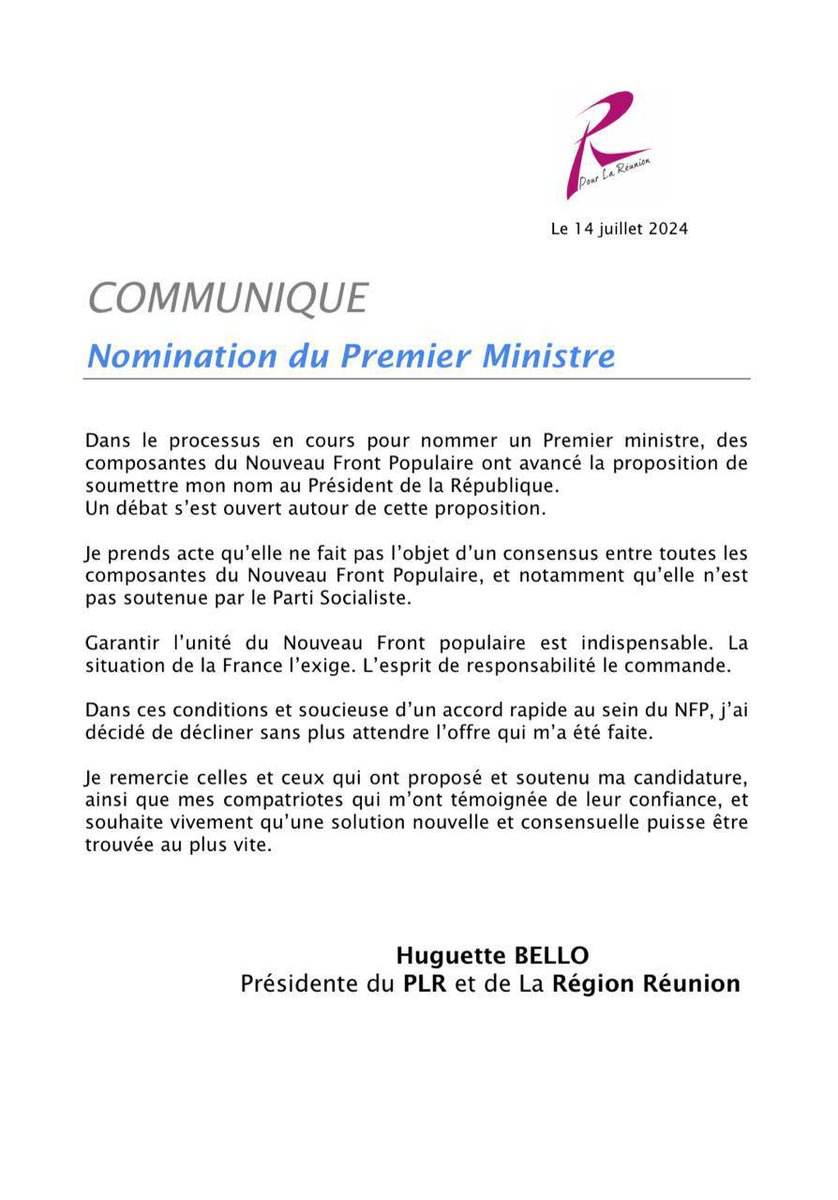 Face au refus du Parti socialiste, Huguette Bello décline l'offre qui lui a été faite de porter le programme du #NouveauFrontPopulaire à Matignon. Avec le même sens de l'honneur, avec la même responsabilité dont elle a toujours fait preuve. Respect.
Mais quel dommage.