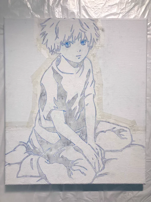 公開制作、色がのりました。(顔も少し変わりました) 絵の具パートは勢いで塗るので、ほんとに早い。。 色鉛筆で整えていきます。 明日には終わるかなぁと思います! #個展_忘月忘日