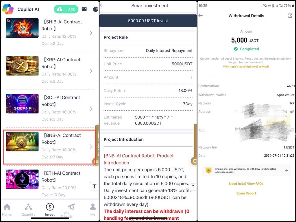 Artificial Intelligence Agent Investment
Investment: 5,000💲
Duration: 7 days
Profit: 11,300💰
Withdrawals per day:900usdt
Artificial intelligence collects crypto market data for trading and investment
#Binance #Bitcoin #okx 
👉 copilotaigpt4.org/#/register?i=6…

✈️ t.me/COPILOT_AI_365