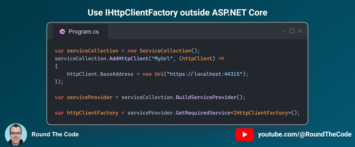 RoundTheCode's tweet image. If you want to use IHttpClientFactory outside of ASP .NET Core, you can add Microsoft.Extensions.DependencyInjection and Microsoft.Extensions.Http to your project.
Then build a service collection by adding your HttpClient to it.