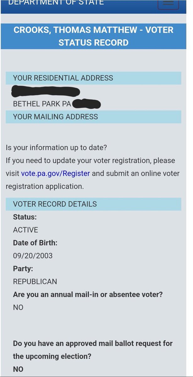 acnewsitics's tweet photo. Wait, so Thomas Matthew Crooks, the guy who tried to kill Trump, was a registered Republican? 

What a plot twist! https://t.co/b0IlHuCKAV