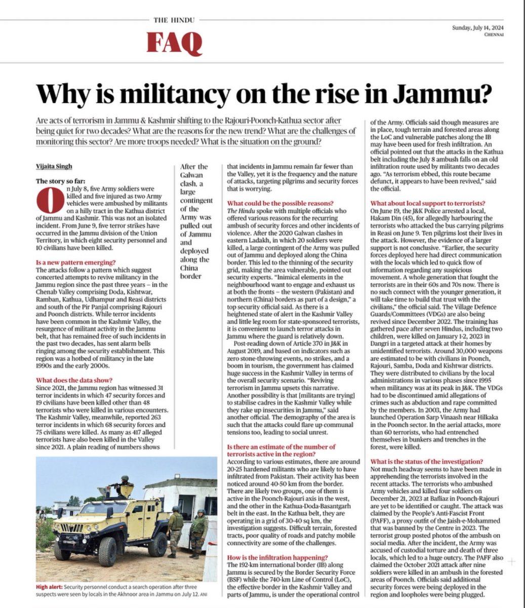 Freshly infiltrated militants, around 20-25 are operating on two fronts in Jammu division-Poonch-Rajouri axis and Kathua-Doda areas. In the Kathua belt,they are active in a grid of 30-40 sq km. The China factor, diminished connect of SFs with younger generation and an old