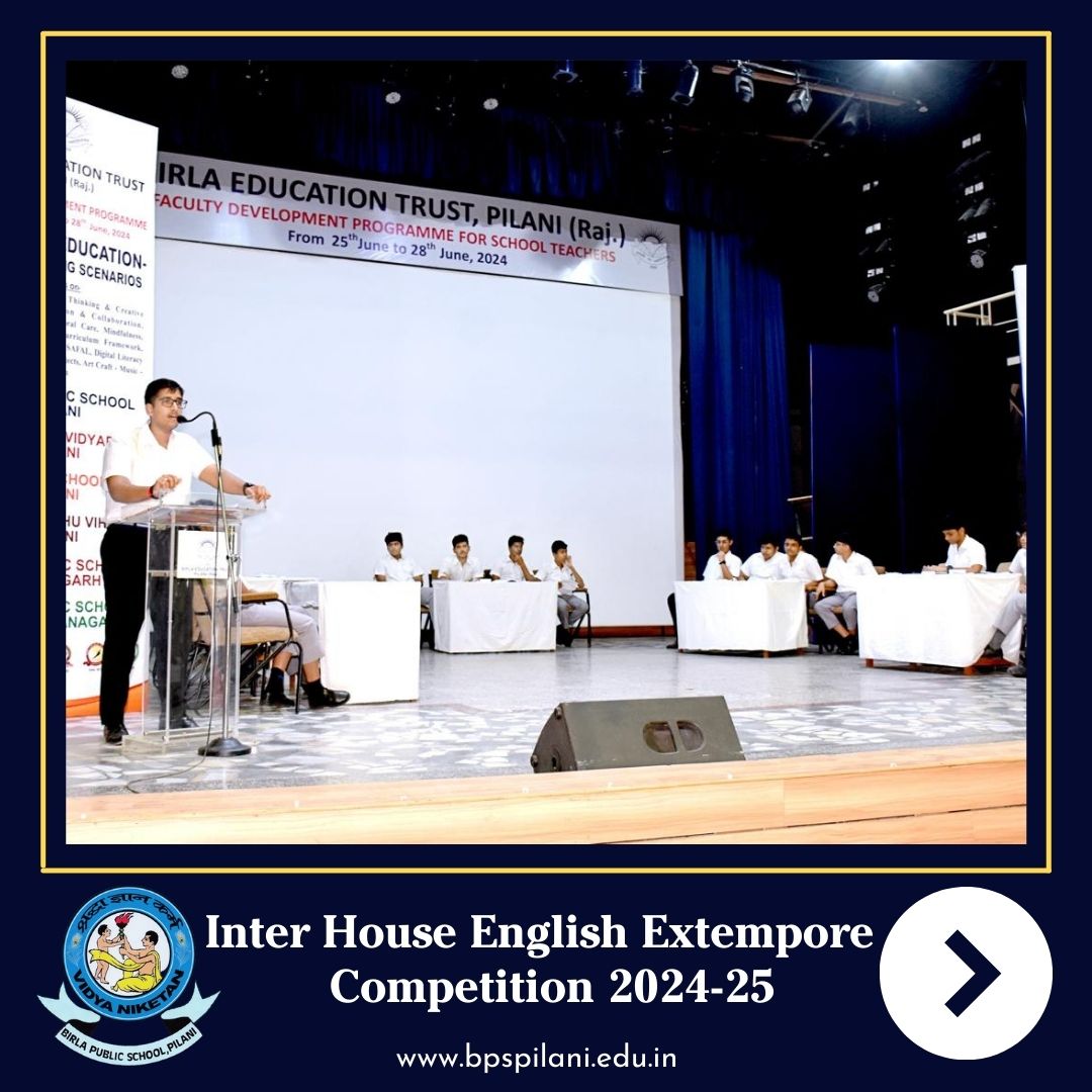 vnbpspilani's tweet photo. Report on Inter House English Extempore Competition 2024
An Inter-House English Extempore Competition was held in the auditorium of Birla Public School, Pilani, on July 13, 2024.
#betpilani #bpspilani #educationforall #bestschoolinindia #BPS #TopRankedSchool #topschool https://t.co/tKCq2pzgZ3