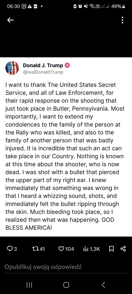 Oświadczenie Donalda Trumpa po zamachu  na jego życie.