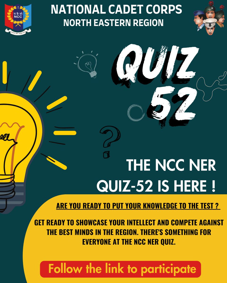 nccner's tweet image. 🎉 It’s time for NCC NER Quiz No. 52! 🏅 Test your wits and climb the leaderboard. 🚀 Ready to ace it? Let’s go! 💡🌟 #NCCQuiz #ChallengeAccepted #QuizMaster

Click on the link below to participate👇

forms.gle/zdTYNuYcukXAPc…