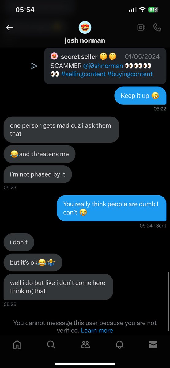 SilvaCathy4's tweet photo. Another scammer/time waster

His @ @j0shnorman he tries to make you feel comfortable and then says he will pay only after 5 mins in the call and tries to say he has other sellers, please don’t fall for this it’s obviously a scam

#buyingcontent #sellingcontent https://t.co/vQg7PV31oO