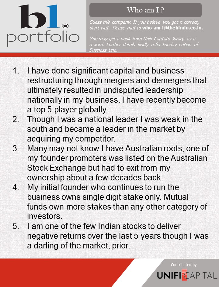 Hi Guys, Thank you for your active participation.

Guess this company, based on the clues given below.      Winners will get a book from Unifi Capital's library of title collections.

<a href="/businessline/">businessline</a>

<a href="/BlPortfolio/">BL Portfolio</a>