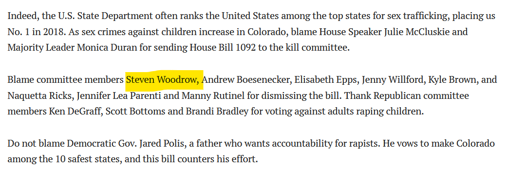 FreeStateColor1's tweet photo. Don't forget, Colorado State Rep. Steven Woodrow led the effort to KILL HB24-1092...

This was @bradleyforco's bill to creaee "Minimum Sentence Crimes against Prostituted Children"

article: https://t.co/j8IawrBzSK

bill info: https://t.co/Y7iUCbHDVe

#copolitics #coleg https://t.co/aI8amdspl8