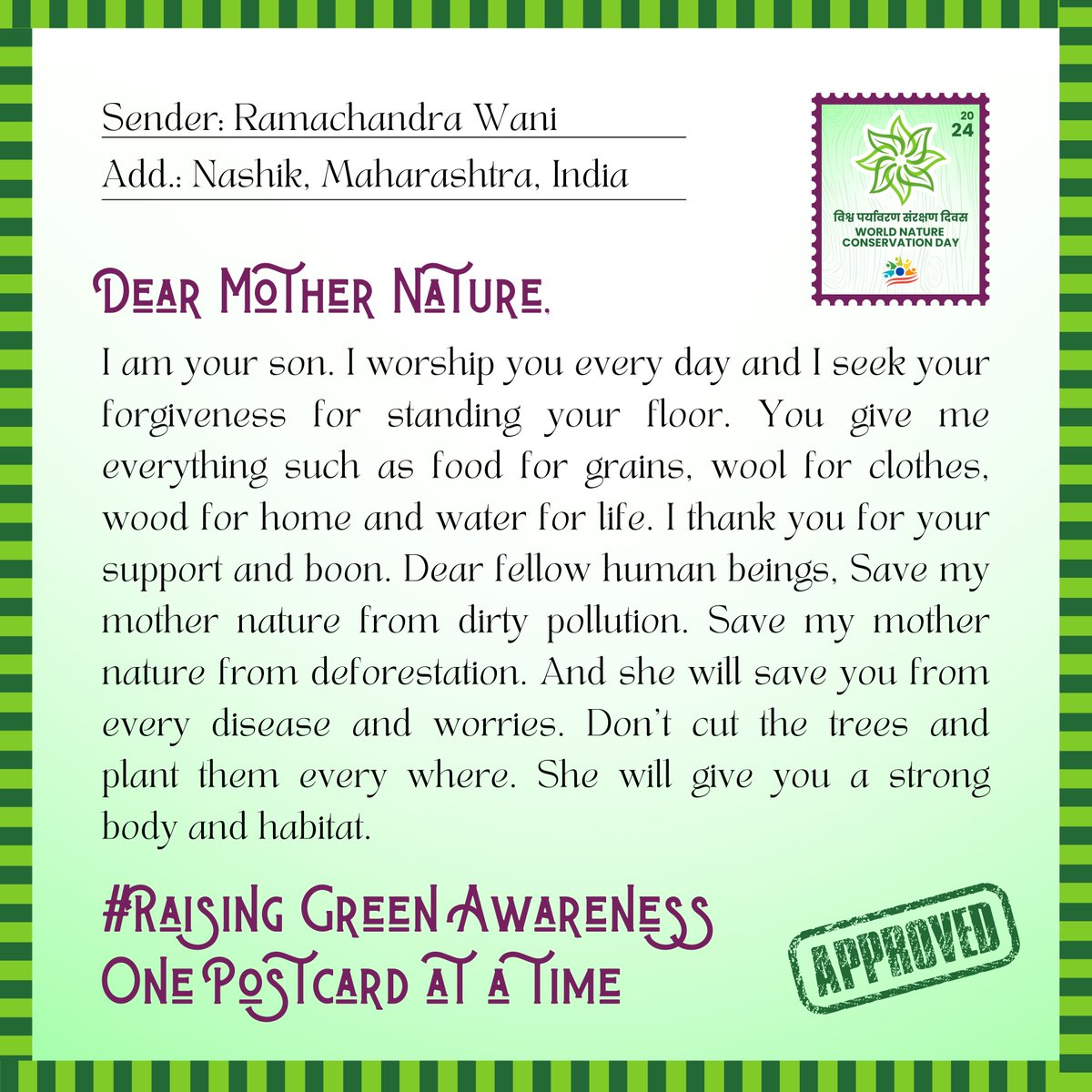 UdaanYouthClub's tweet photo. 🌿 Ramachandra Wani from Nashik, Maharashtra, India has penned a heartfelt message to #MotherNature in our 2024 #Global #Postcard Writing Contest. 🌍 Let's join him to #protect our #planet from pollution and deforestation. Join at https://t.co/mZpbBKoP4n 🌱 #DearMotherNature #UYC https://t.co/bgc618C9ob