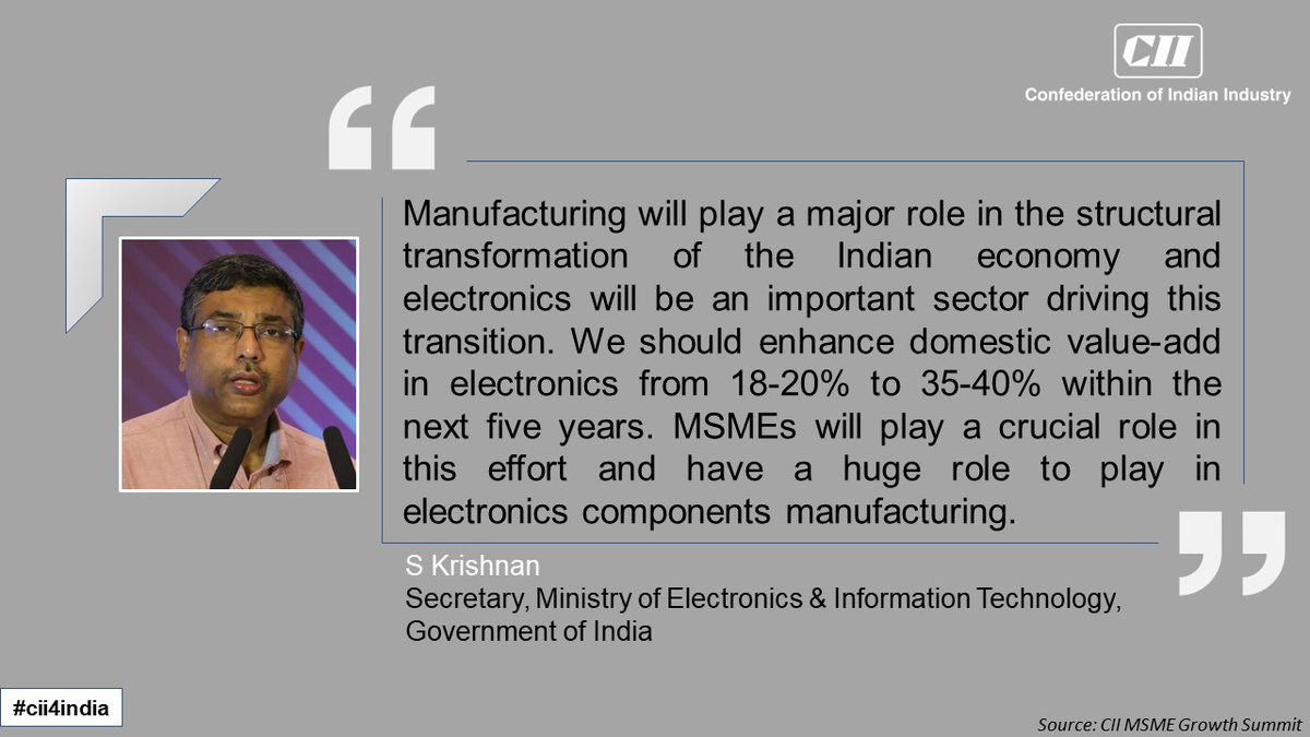 FollowCII's tweet photo. S Krishnan, Secretary of @GoI_MeitY, highlighted MSME's pivotal role in positioning India as a leading electronic manufacturing hub through enhanced domestic component manufacturing. Read insights from his address at the CII Global MSME Summit. #CIIGlobalMSMESummit2024 #CII4MSMEs @CIIDigiSaksham @minmsme