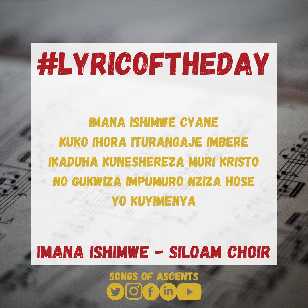 SongsofAscents's tweet photo. "Imana ishimwe cyane
Kuko ihora iturangaje imbere
Ikaduha kuneshereza muri Kristo
No gukwiza impumuro nziza hose
Yo kuyimenya"

Imana Ishimwe - Siloam Choir

#lyricoftheday 
#lyricsoftheday 
#lyricoftheday🎶 
#lyricoftheday🎵 
#lyricoftheday🎧 
#songsofascents https://t.co/aT9ZsBSwZy