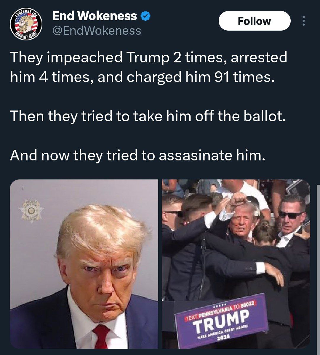 Ils ont destitué Trump à deux reprises, l’ont arrêté quatre fois et l’ont inculpé 91 fois.

Ensuite, ils ont essayé de le retirer du scrutin.

Et maintenant, ils ont essayé de l'assassiner.
