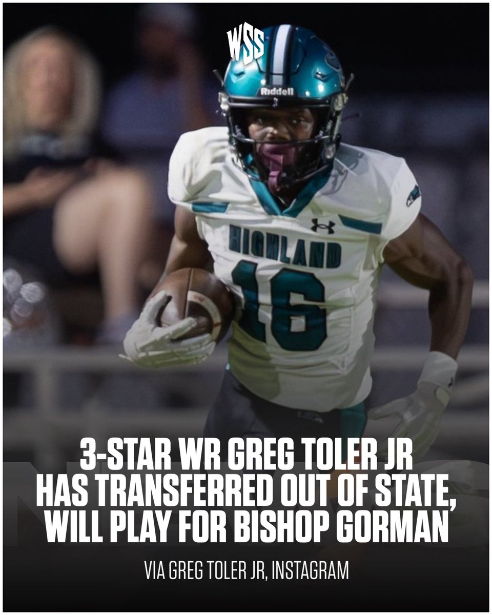 WSSArizona's tweet photo. TRANSFER NEWS: Huge news out of Highland HS, WR Greg Toler Jr (@gtj3_) has transferred to Bishop Gorman in Nevada. #WSSAZ 
~
The 3️⃣⭐️ Receiver was the WR1 for Highland last season, putting up 647 Yards and 6 TDs on 24 Receptions. https://t.co/WErHvWZngU