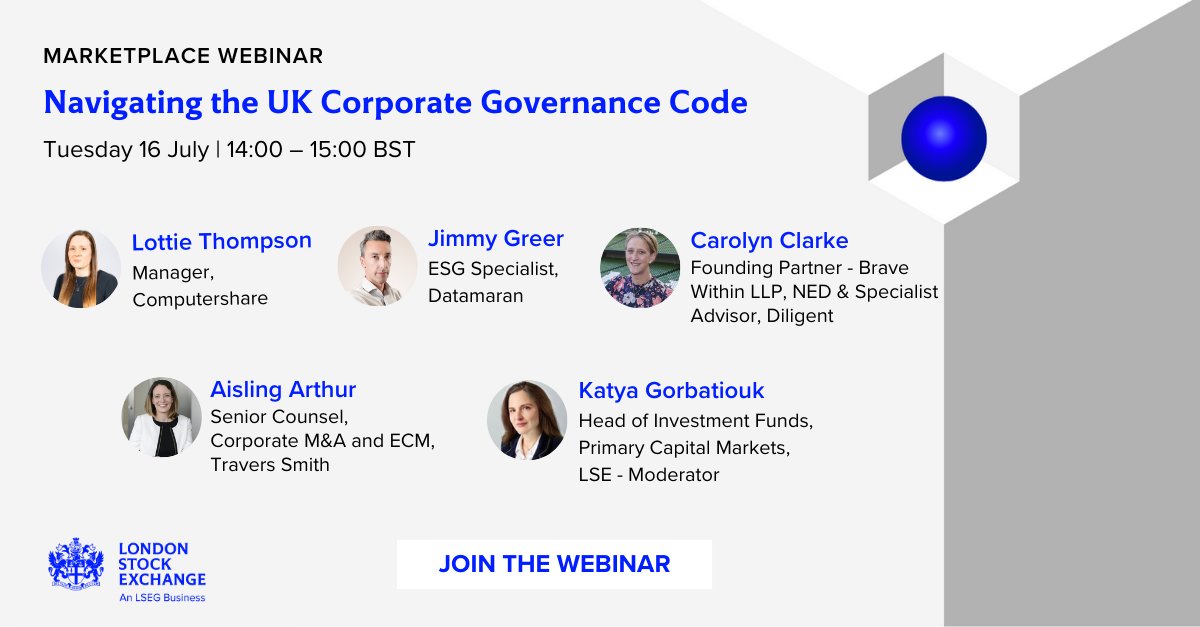 LSEplc's tweet photo. Last chance to register for Tuesday's Marketplace webinar! 

Hear from London Stock Exchange and Marketplace members Computershare, Datamaran, Diligent and Travers Smith as they discuss what's next for UK Corporate Governance.

🔗 Register here: https://t.co/kIAFM1mR4Z https://t.co/Bkkj9ZyEhU