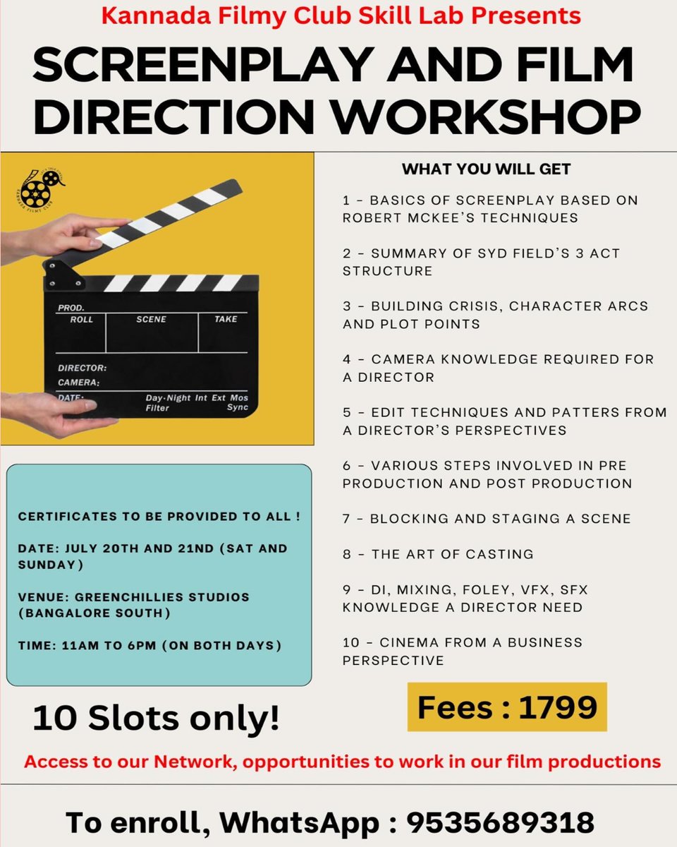 IamHCB's tweet photo. .@Kannadafilmclub Presents
Screenplay & Film Direction Workshop, more details in the image below 👇🏼
#FilmWorkshop #ScreenplayWorkshop
The fees they collect will be used to host more podcasts, meet-and-greet sessions and other events. https://t.co/nnfXUFsnF0