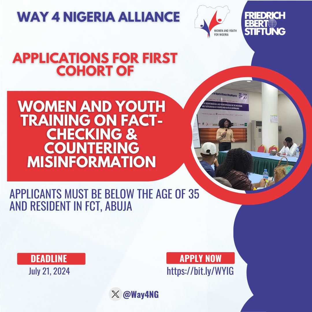 Are you worried about the spread of misinformation?
Are you passionate about fact-checking and countering misinformation?
Are you resident in Abuja?

Register for the 1st Cohort of the Women and Youth Training on Fact-Checking  &amp; Countering Misinformation bit.ly/WYIG