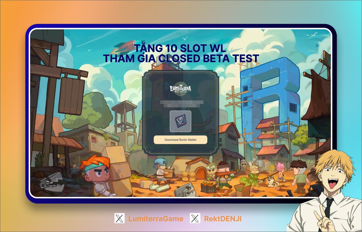 RektDENJI's tweet photo. 🔔GIVEAWAY 10 SLOT WL THAM GIA #CBT (CLOSED BETA TEST) DỰ ÁN GAMEFI #LUMITERRAGAME TRÊN #RONIN

Tham gia GA
1⃣Like and RT bài viết
2⃣Follow @RektDENJI và @LumiterraGame
3⃣Cmt ví Ronin và tag 3 người bạn 
4⃣Join nhóm Game Ronin VN: https://t.co/lzvOYBuwre

⏰GA end vào lúc 23:59 ngày hôm nay!

Giới thiệu về game:
🟧Lumiterra là game thuộc thể loại MMORPG thế giới mở vừa chuyển nhà sang #Ronin.
🟧Lượng người dùng lớn đa phần từ Trung Quốc và Hồng Kong
🟧Pool CBT: 1 triệu USD gồm $RON, item game ngoài ra còn nhận được những suất WL mint NFT khi tham gia

Game có 3 lối chơi:
🔸Battle: đánh boss đánh quái 
🔸Farm: trồng cây săn bắt chăn nuôi
🔸Collection:  thu thập tài nguyên 

P/s: Mình xin phép được để lại 2 slot dành riêng cho admin của nhóm, và 8 slot sẽ quay xổ số fair cho ae!