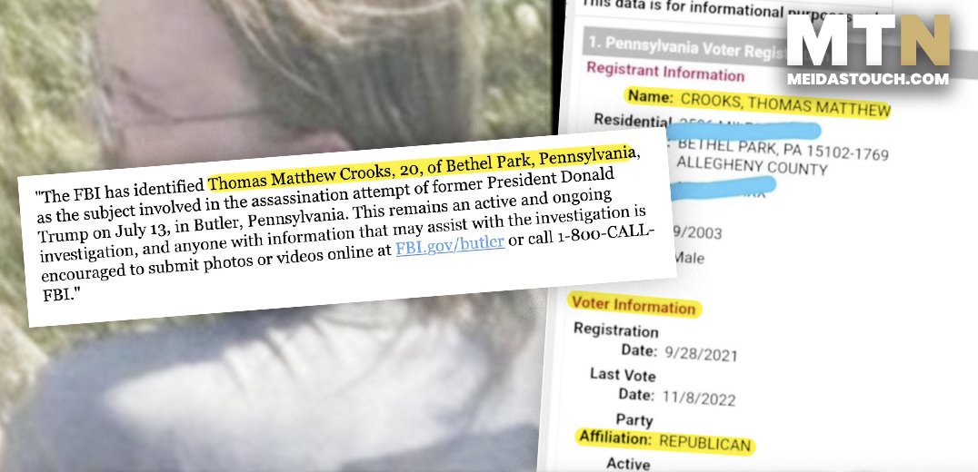 The Trump shooter has been officially identified by the FBI as Thomas Matthew Crooks, a 20-year-old from Bethel Park, Pennsylvania. Crooks is a registered Republican in Pennsylvania who last voted in the 2022 midterms.