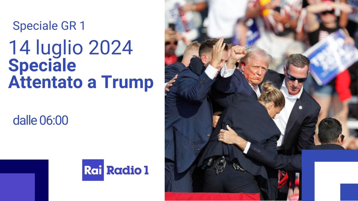 Radio1Rai's tweet image. 🔵#StatiUniti #Spari su #Trump durante un comizio in  #Pennsylvania. Il tycoon sta bene ma resta l'allarme per l'episodio ancora da chiarire. Il #GR1 segue gli sviluppi con continui aggiornamenti nelle edizioni e nella programmazione di #Radio1
raiplaysound.it/radio1