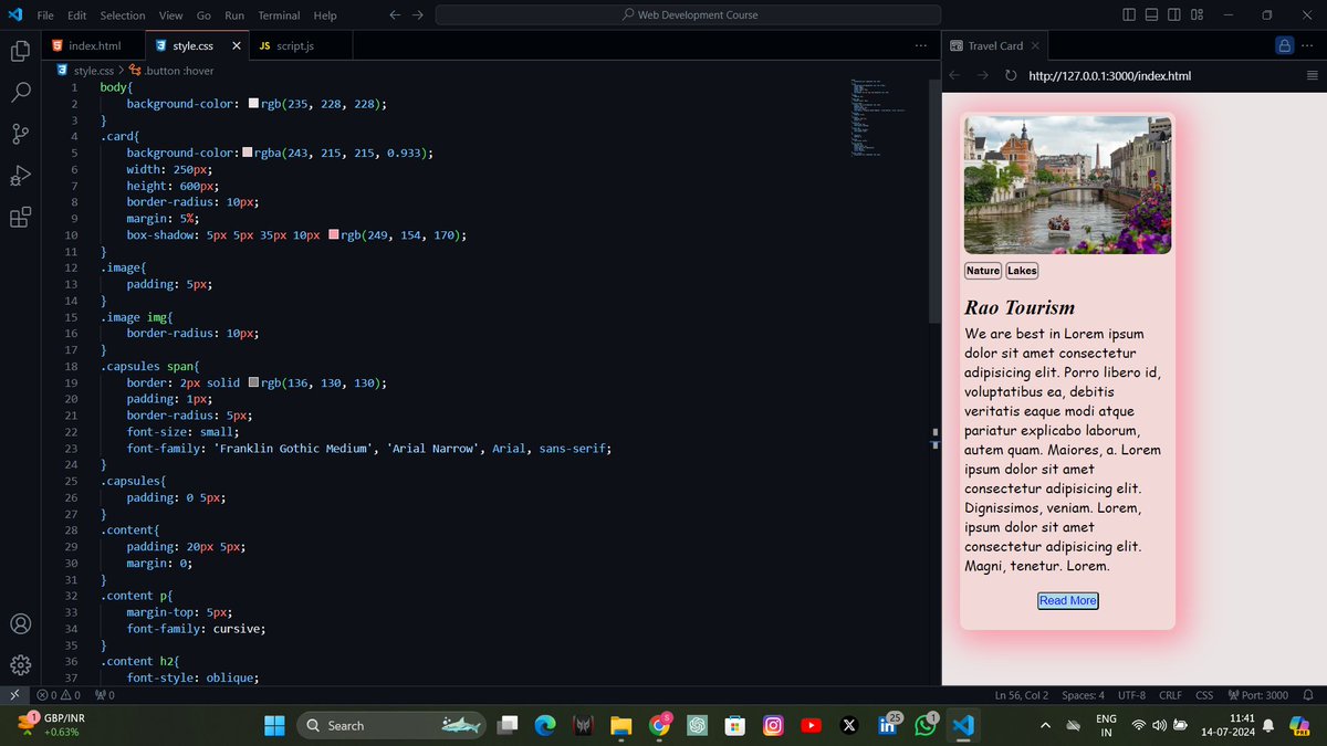 Sourabh_yadv's tweet image. Hey coders! 🖥️
Day 14 of #LearningWebDev was all about applying CSS skills to design a sample card. I combined various CSS properties, including shadows for depth, and font styles for text, to create a visually appealing and functional card component.
#WebDevelopment #CSSDesign