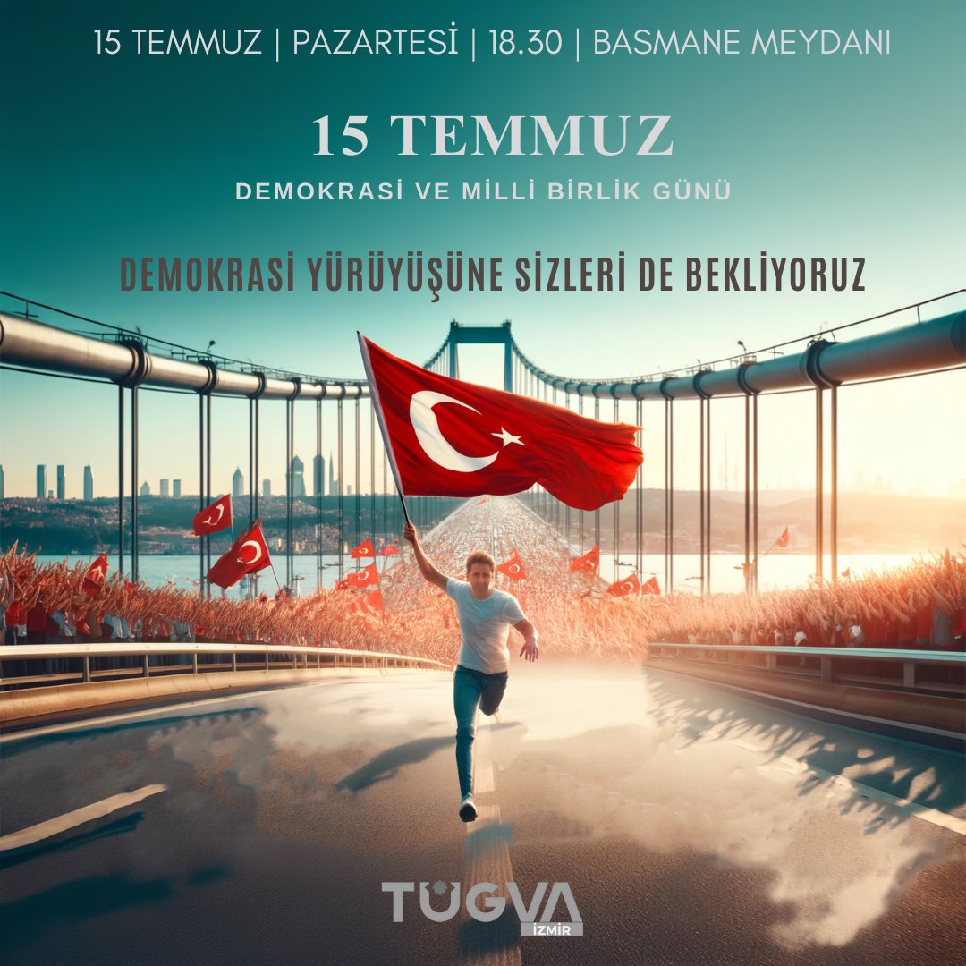 15 Temmuz Demokrasi ve Milli Birlik Günü'nde buluşuyoruz! 🇹🇷

15 Temmuz Pazartesi 18.30'da Basmane Meydanı'ndaki Demokrasi Yürüyüşü'ne birlik ve beraberliğimizi göstermek için sizleri de bekliyoruz.🇹🇷

#15Temmuz 🇹🇷