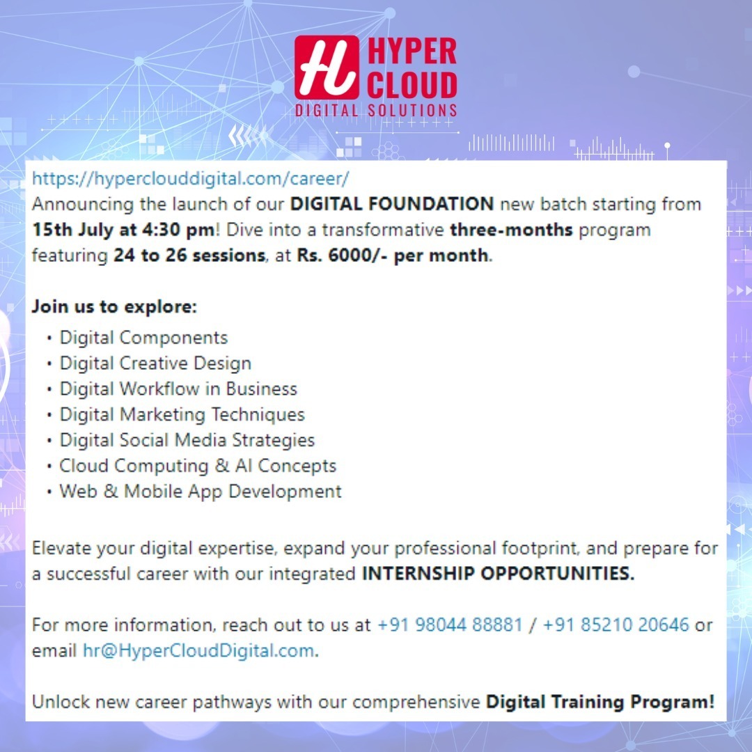 HyperCloud_DS's tweet photo. https://t.co/bYZJsxDoUW
https://t.co/DILiiDMAQG
For more info, contact +91 98044 88881 / +91 85210 20646 or email hr@HyperCloudDigital.com
Unlock new career pathways with our comprehensive Digital Training Program
#HyperCloud
#DigitalComponents
#DigitalCreativeDesign https://t.co/SVMaSwoazM