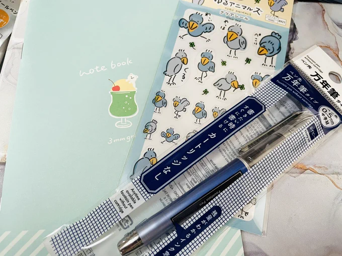これは買う予定なかったけど買ってしまったものなんですけどクリームソーダの3ミリ方眼ノートとゆるいハシビロコウのシールとプラチナの万年筆 