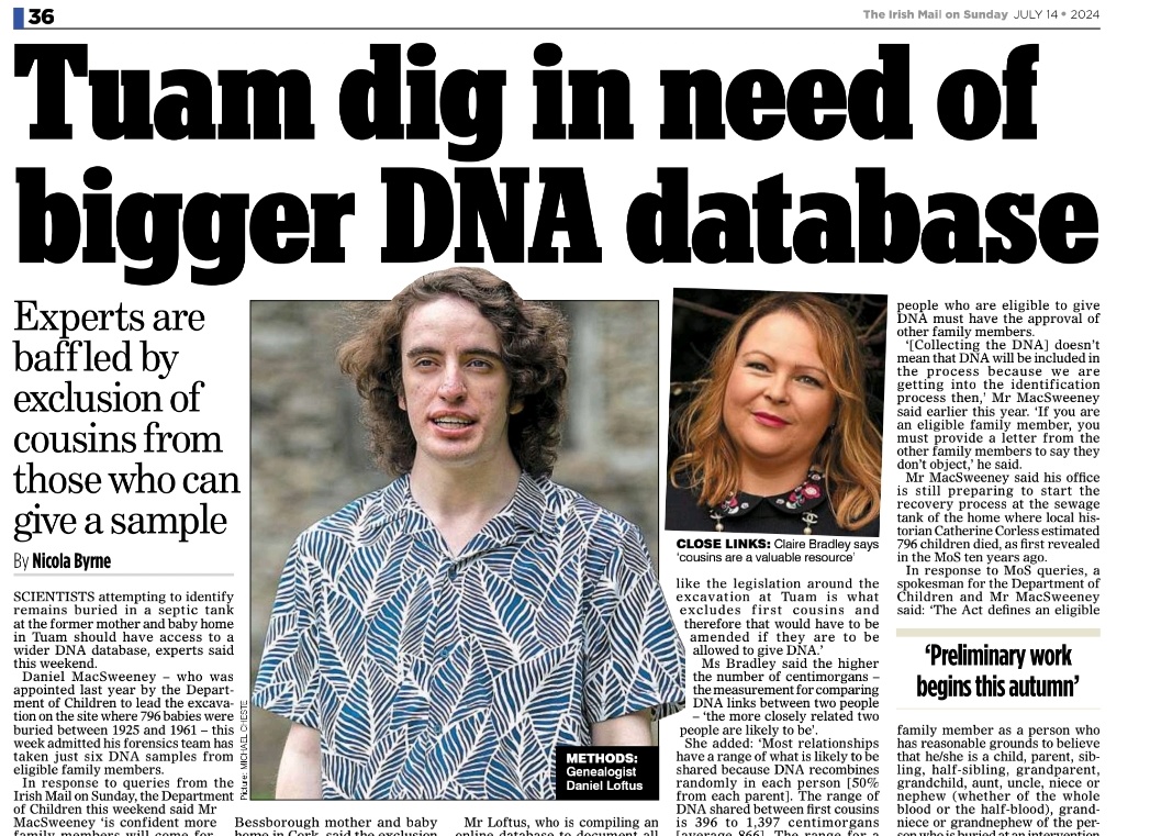 caulmick's tweet photo. SCIENTISTS attempting to identify remains buried in a septic tank at the former mother and baby home in Tuam should have access to a wider DNA database, experts said this weekend. - Nicola Byrne 

Experts are baffled by exclusion of cousins from those who can give a sample. 

#TuamBabies #MotherandBabyHomes
