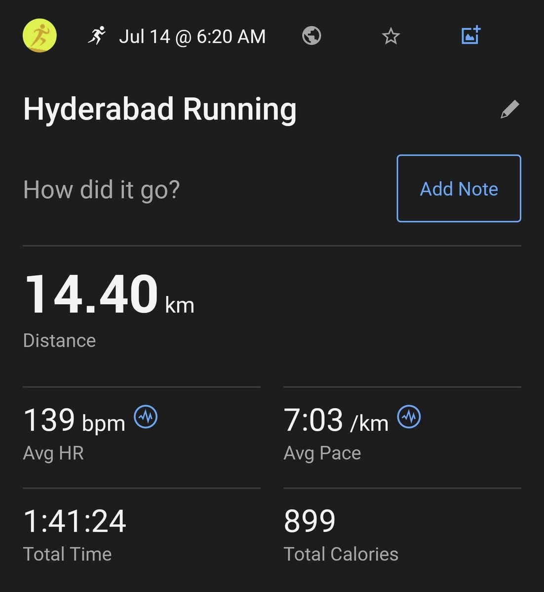 databaaj's tweet photo. #WeekendLSD of 14 K. Could not do an HM due to a morning engagement.
Pace < 8:00 ✅
AHR < 142 ✅
Distance > 25Kms ❎
Wkly mileage>83 Kms ❎
Excellent weather with overcast skies!
#RunningTwitter
#Pledge24 #ARStats2024 https://t.co/e76Aa5FPBR