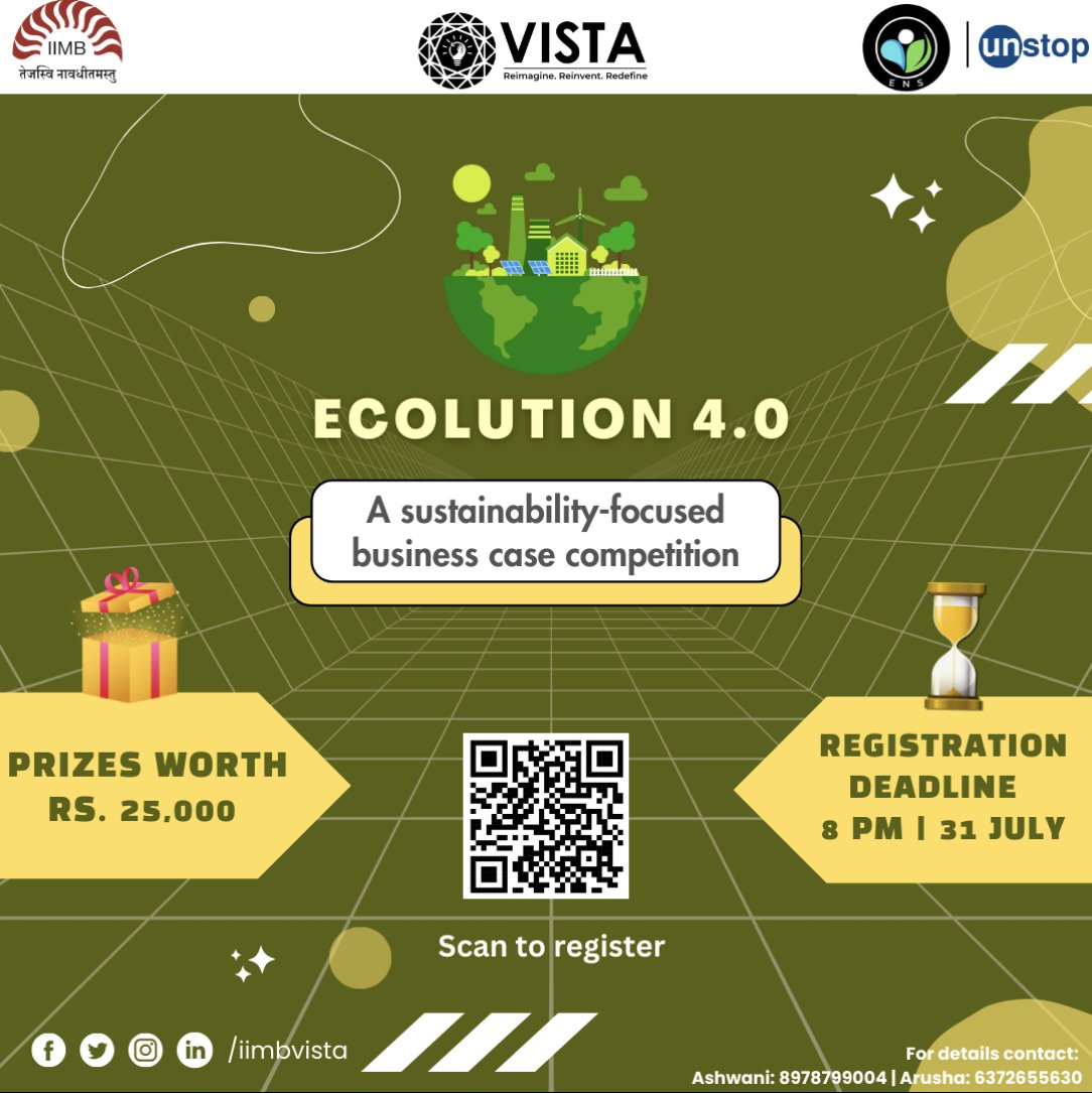 🪴Calling all eco-entrepreneurs!
🌎 Join us at Ecolution 4.0, A Green Business Case competition, part of IIM Bangalore's VISTA 2024.

Win exciting prizes worth INR 25,000!

#Ecolution #Green #Casestudy #Sustainability #Gogreen #Unstop #IIMB #Vista #IIMBVista