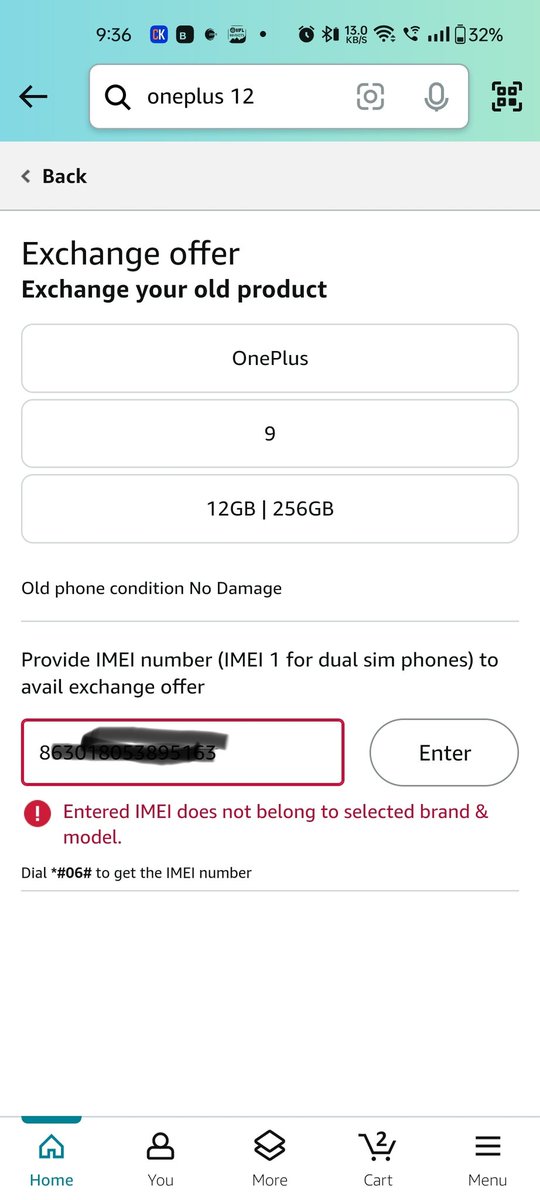 tmvikas's tweet photo. @amazonIN getting this error when trying to check for IMEI No. for my current phone. Same IMEI No. working at other places including on oneplus website , Flipkart, Croma . same IMEI No. was working when check last week 
Trying to purchase @oneplus 12

@OnePlus_IN @OnePlus_Support https://t.co/9RcQmJ7voF