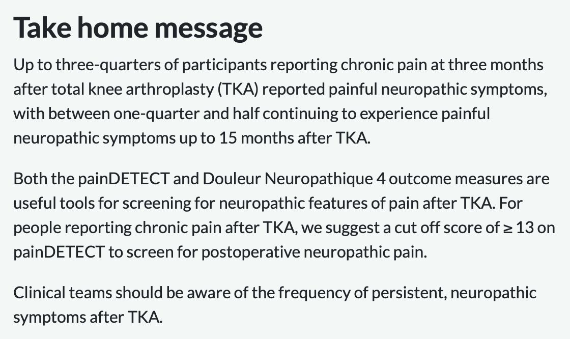 #TKR + Neuropathic pain
- 363 (of 5000) pts had pain at 3mth (OKS ≤ 14 /48)
- 3/4 neuropathic
- 1/4 to 1/2 continued at 15 months

Recommend STAR care pathway 
- Assessment with ESP
- 6x telephone Fup calls over 12 months. 

<a href="/BoneJointJ/">The Bone & Joint Journal</a>

buff.ly/4b8fvh5