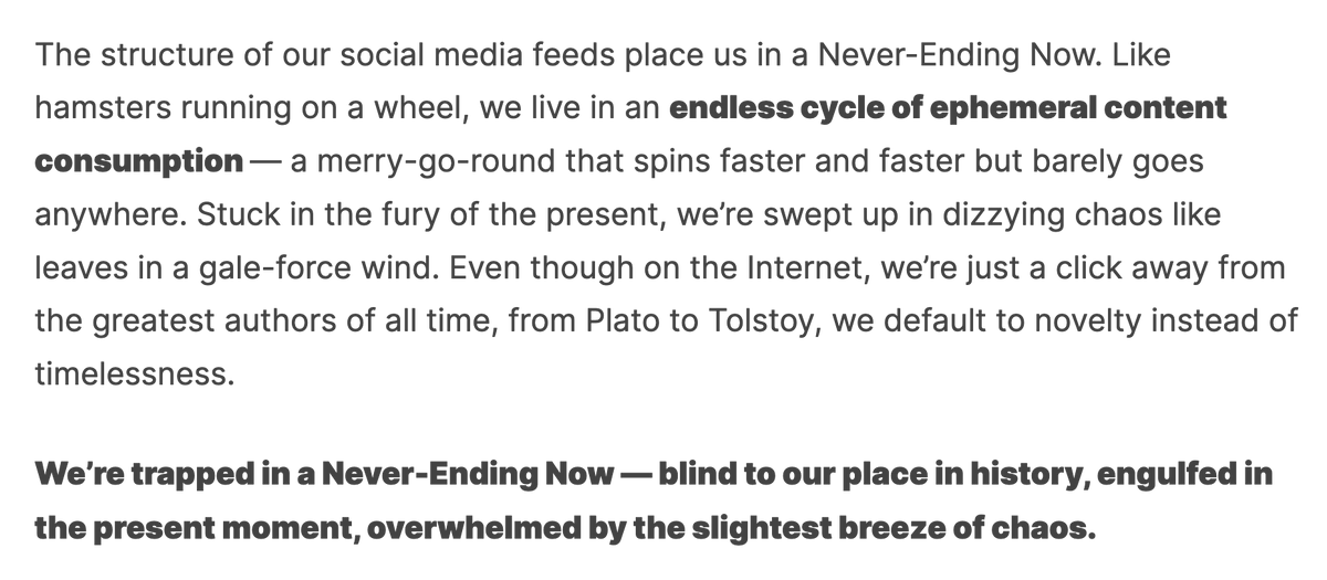 Be careful what you give attention to.

No matter how unprecedented some events look, they've happened before and will happen again.

Don't be captured by the whims of the media. Free your mind.

(credit to <a href="/david_perell/">David Perell</a>)