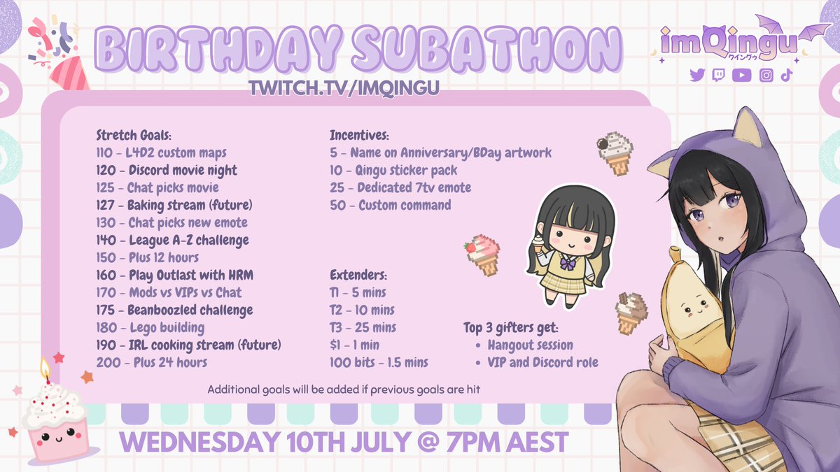imQingu's tweet photo. Thanks to everyone's generosity and support, we've exceeded my original goal!! 💜

With that being said, the subathon continues! Here are some stretch goals so let's keep the party going! :D https://t.co/OgmSfbclTX