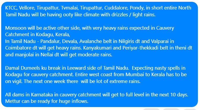 praddy06's tweet photo. KTCC, Vellore, Tirupattur, Tvmalai, Tirupattur, Cuddalore, Pondy, in short entire North Tamil Nadu will be having ooty like climate with drizzles / light rains.

Expecting nasty spells in Kodagu for cauvery catchment. Entire west coast from Mumbai to Kerala has to be on vigil. https://t.co/qM9k1FgMcd