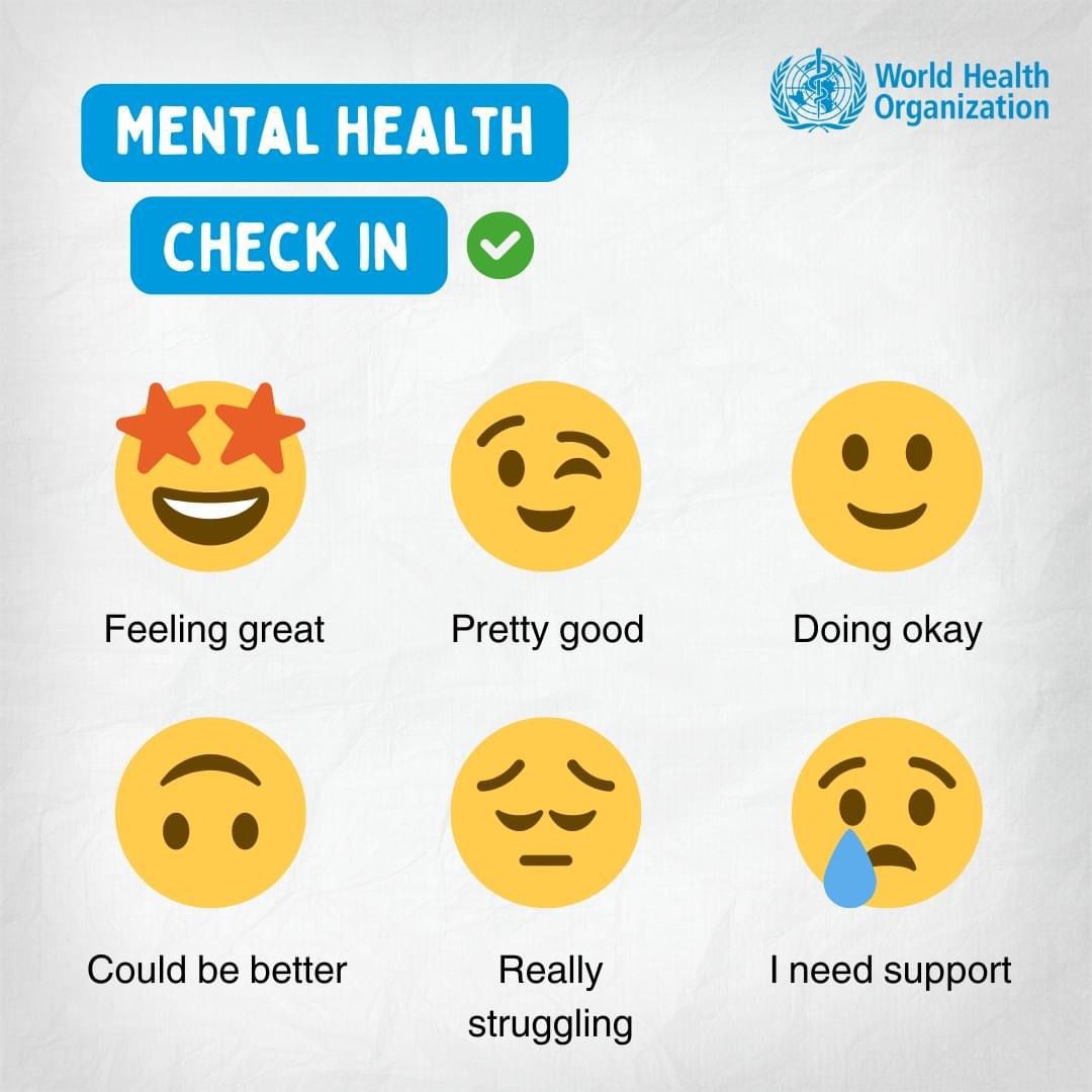 somanation21's tweet photo. Let’s have a quick mental health check-in. React with the emoji that best describes how you’re feeling today. 
Prioritize your mental health by:
.Talking to your loved ones 
.Practicing relaxation and mindfulness  
.Making time for face to face social connection. https://t.co/TwDyLKTEFB