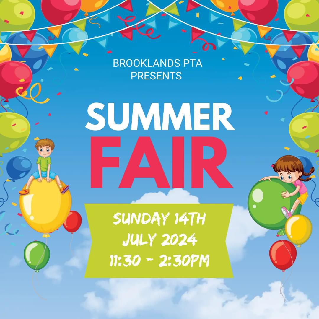 BrooklandsPta's tweet photo. We’re so exited to see you all at the Summer Fair today 11.30 to 2.30pm 🥰⛱️🎠🍭🛍️

Please note entrance to the fair will be via the reception quad. Please bring any cakes for The Great Brooklands Bake Off to the cake stall by 11.45. See you all soon ☺️ https://t.co/j11NqOakNK