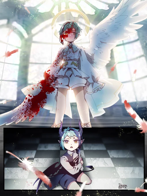 堕天使×悪魔のフロジェイ出会った時の描きたいとこだけ描いた※血の表現注意 