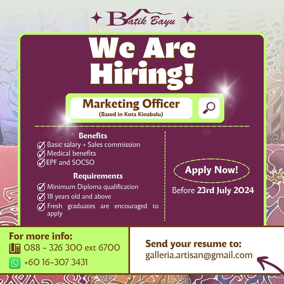 GOOD NEWS! 📢

WE ARE HIRING!🤩

Join our team at Batik Bayu to gain yourself an experience in the fashion industry!😍 Kindly submit your application to our email galleria.artisan@gmail.com before 23rd July 2024.

Only shortlisted candidates will be contacted.
