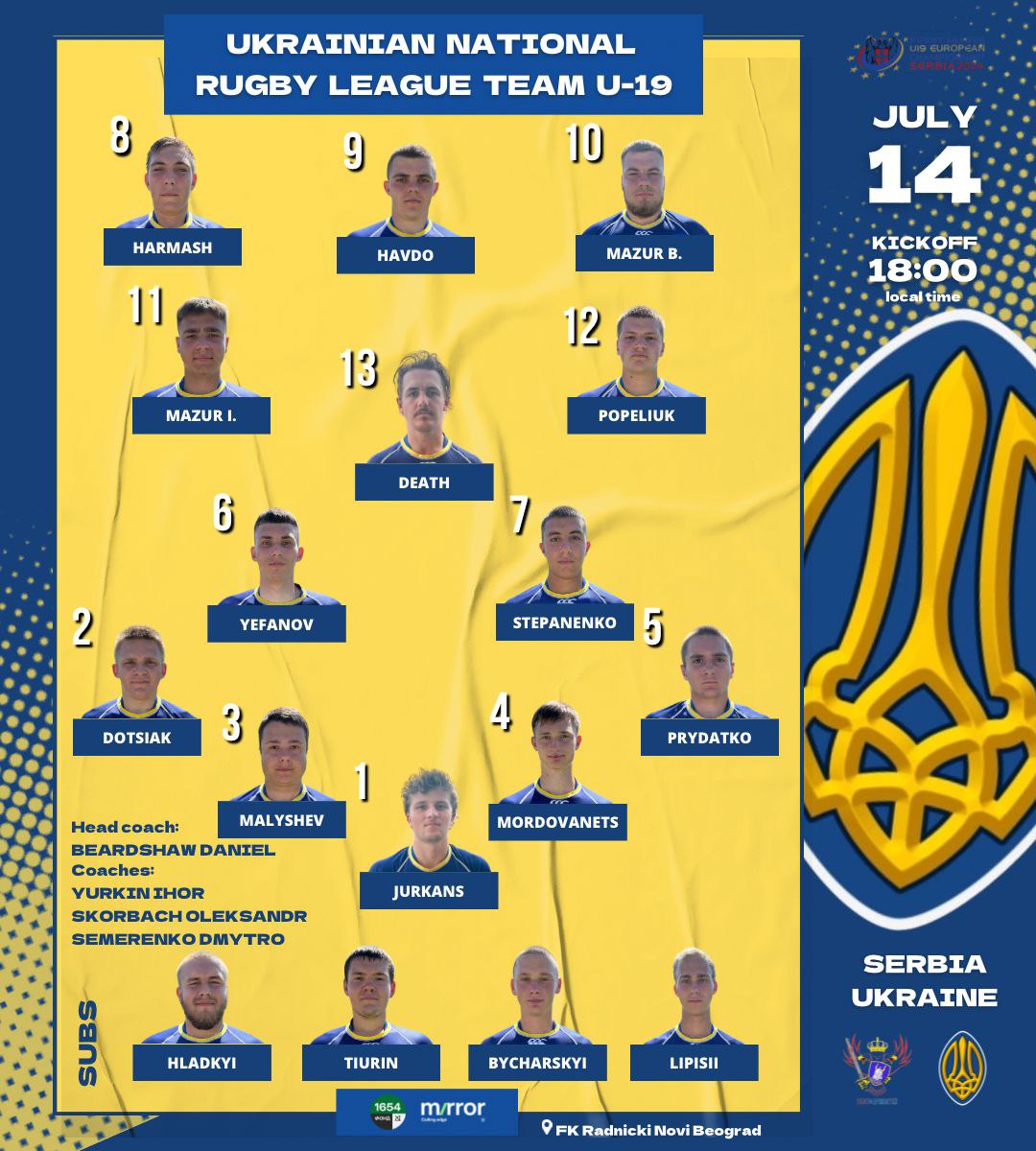 Ukraine_Rugby13's tweet image. 🇪🇺🏆UKRAINIANS U19 TEAM🇺🇦 and GOOD LUCK from NATHAN CLEARY💛💙
🇷🇸vs🇺🇦
📅 Date: July 14 🕖 Time: 19:00 Kyiv time📍Location: Belgrade
🔥 Kickoff in 24 hours, and the broadcast will be on this page⤵️
facebook.com/EuroRugbyLeague
#EuroRugbyLeague #IntRL
#UkraineRugbyLeague 
#UkrainiansRL