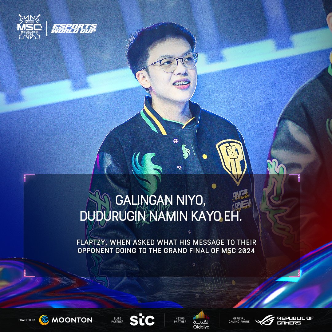 MPLPhilippines's tweet photo. Ano ang naging mensahe ni FlapTzy sa koponan na makakaharap nila sa #MSC2024 Grand Final? Check this one out! ๐
#SeeTheWorld #PinasPataas #MPLPH #MLBB https://t.co/9a9TWKlfU2