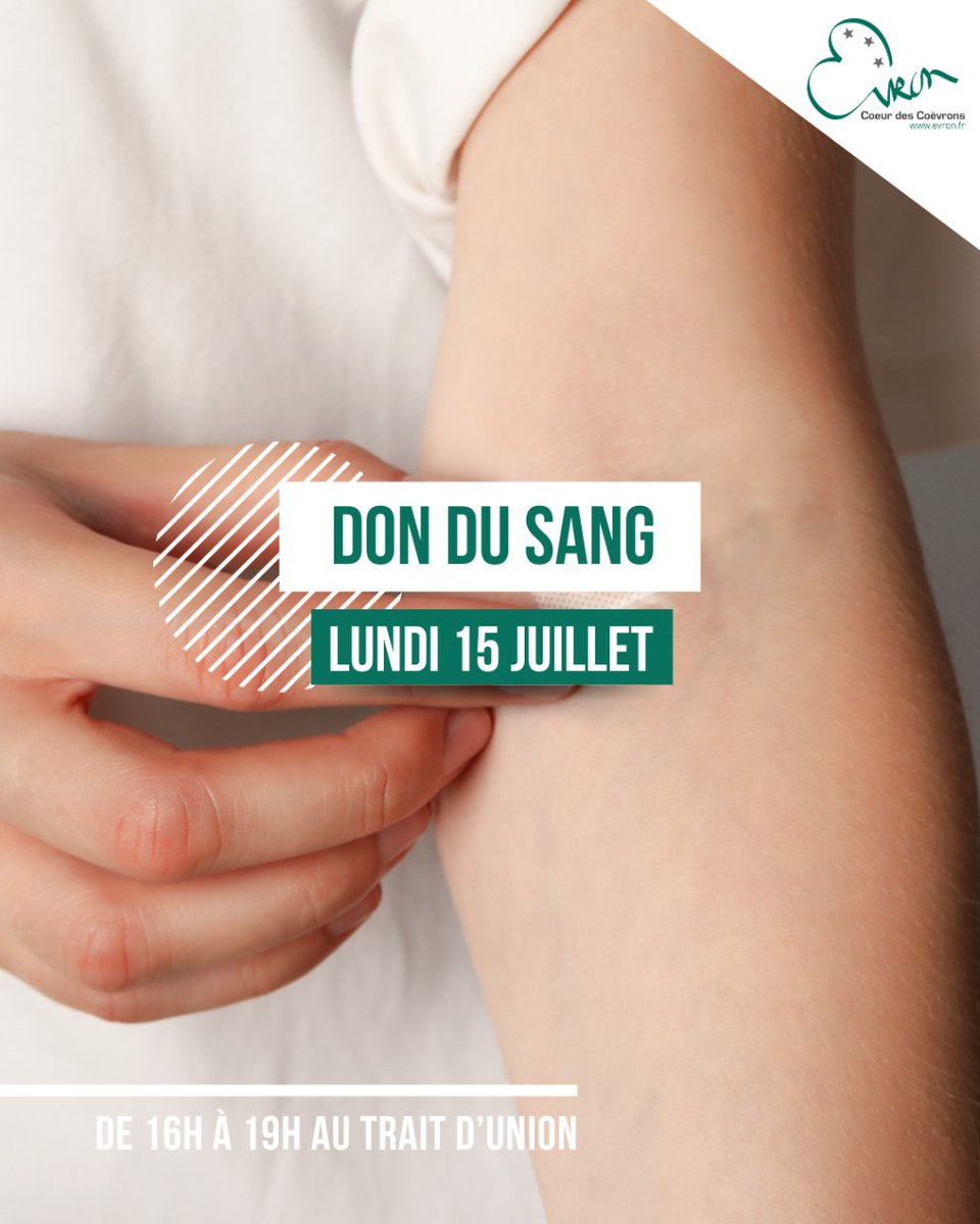 💉 DON DU SANG
🫴🏻 Le prochain rendez-vous, c'est demain de 16h à 19h à la salle du Trait d’Union à Evron (32 rue du Montaigu)

📲 Collecte sur inscription, prenez rendez-vous sur le site : dondesang.efs.sante.fr/trouver-une-co…