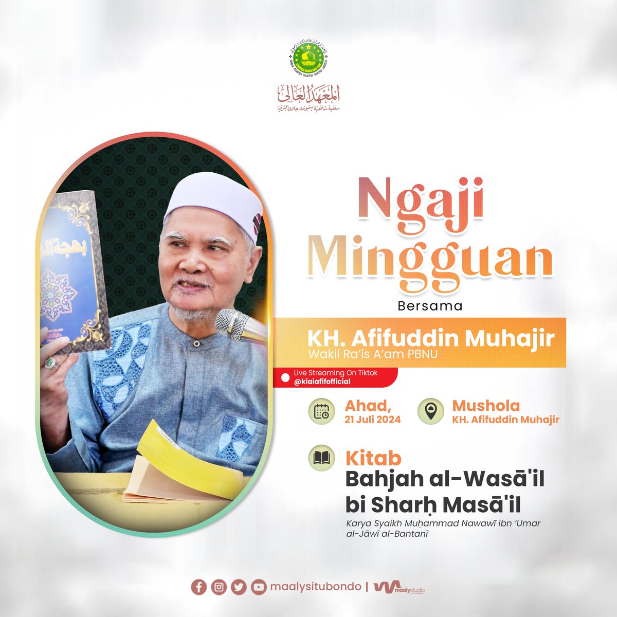 Kami mengajak kalian untuk bergabung dalam pengajian kitab Bahjatul Wasa'il karya Syaikh Nawawi Al-Banteni, yang akan dimulai pada Ahad, 21 Juli 2024. Mari persiapkan diri untuk mengejar ilmu yang bermanfaat bersama-sama Kiai Afifuddin Muhajir. #ngajionline