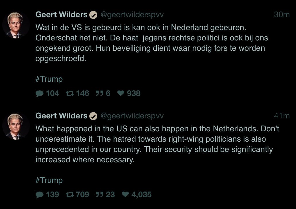 Dit is Weimar 2.0. Schandalige aanslag op Trump gebruiken voor slachtofferrol voor rechtse politici. Beste Geert, effectief worden in het land vooral linkse politici bedreigd of wordt hun huis in de fik gestoken. Van Ooststellingwerf tot Rotterdam. Alleen al deze week.