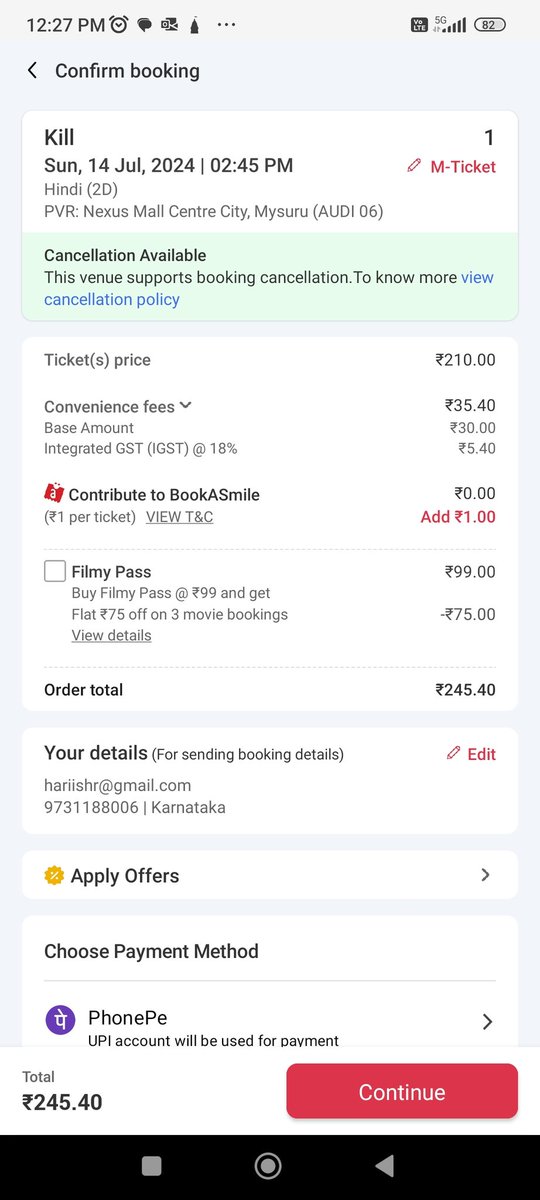 hariishr's tweet photo. How is this magic happening, in the 1st instance ticket price shown as 190 , if we select seat n go for payment it's showing ticket price is 210, after adding other chargers final ticket price is ₹245, is there any error in your app? @PicturesPVR , details r in image only https://t.co/aMeclDUalC