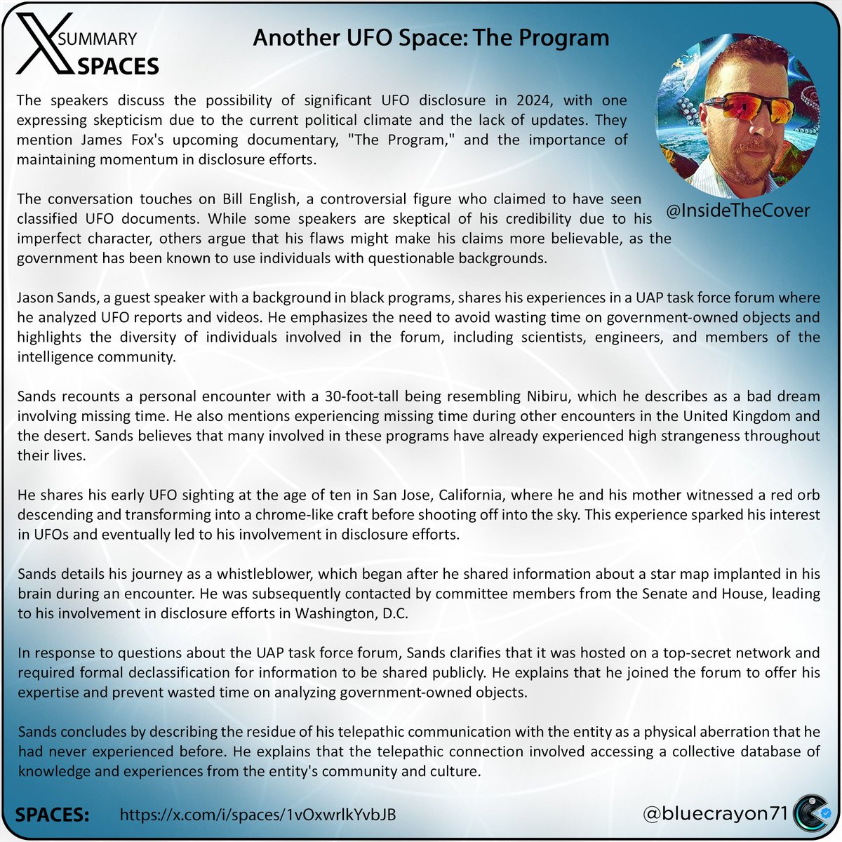 bluecrayon71's tweet image. Another UFO Space: The Program @InsideTheCover

Spaces: x.com/i/spaces/1vOxw…

#UFO #Disclosure #UAPTaskForce #Whistleblower #MissingTime #HighStrangeness #ExtraterrestrialEncounters #JamesFoxDocumentary #BillEnglish #CrashRetrievalProgram #30foottallbeing